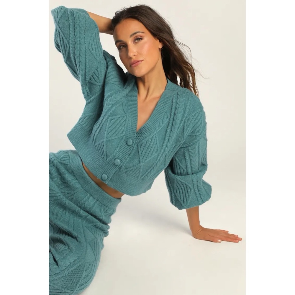 Blue Blush Favorite Cuddles Cable Knit Button-Up Cardigan Sweater in Teal Blue